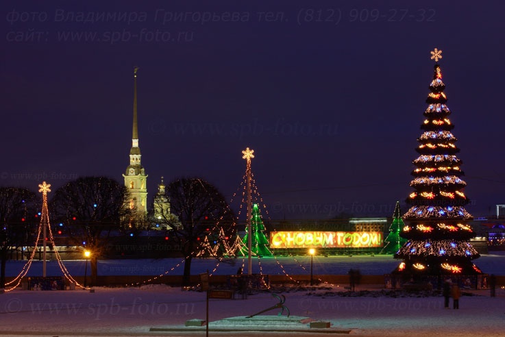 Новогодняя ель на Стрелке Васильевского острова в СПб