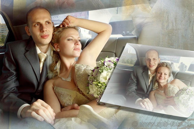 Жених и невеста в лимузине, фото
